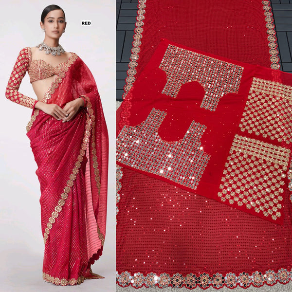 Stylish Georgette Original Mirror Red Color Saree