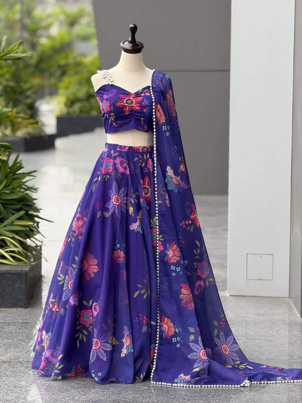Stylish Blue Color Digital Printed Organza Lehenga Choli