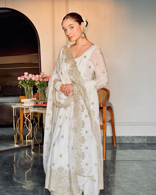 Graceful Chinon Silk White Color Sequence Work Gown