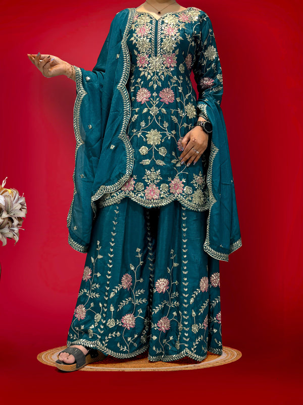 Outstanding Sequence And Thread Work Teal Blue Color Sharara Suit