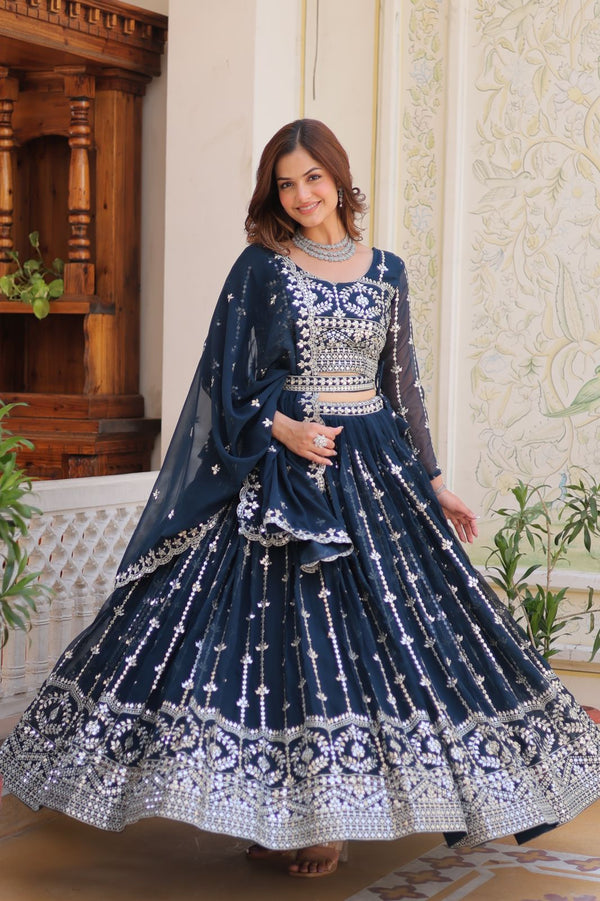 Designer Georgette Sequence Work Teal Blue Color Lehenga Choli