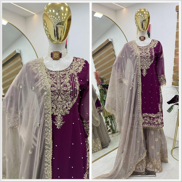 Glimmering Georgette Rani Color Sharara Suit