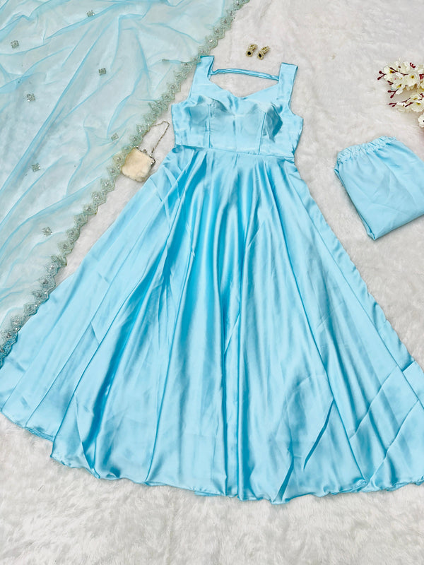 Luxuriant Japan Satin Sky Blue Color Gown