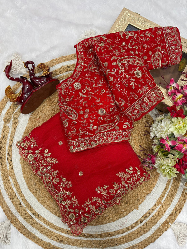 Pretty Red Color Chiffon Zari Work Saree