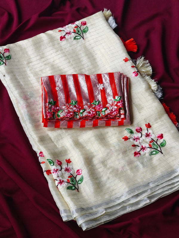 Thread Embroidery Work Off White Color Silk Saree