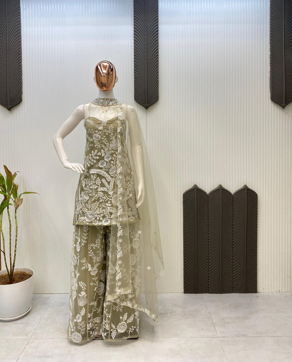 Adorable Embroidery Work Mehndi Color Palazzo Suit