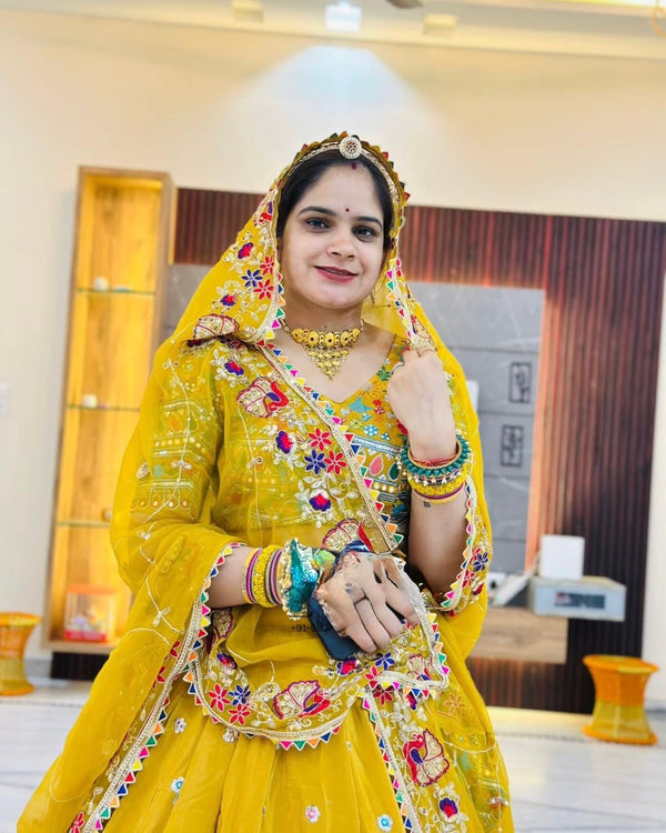Multi Thread Work Georgette Mustard Color Lehenga Choli