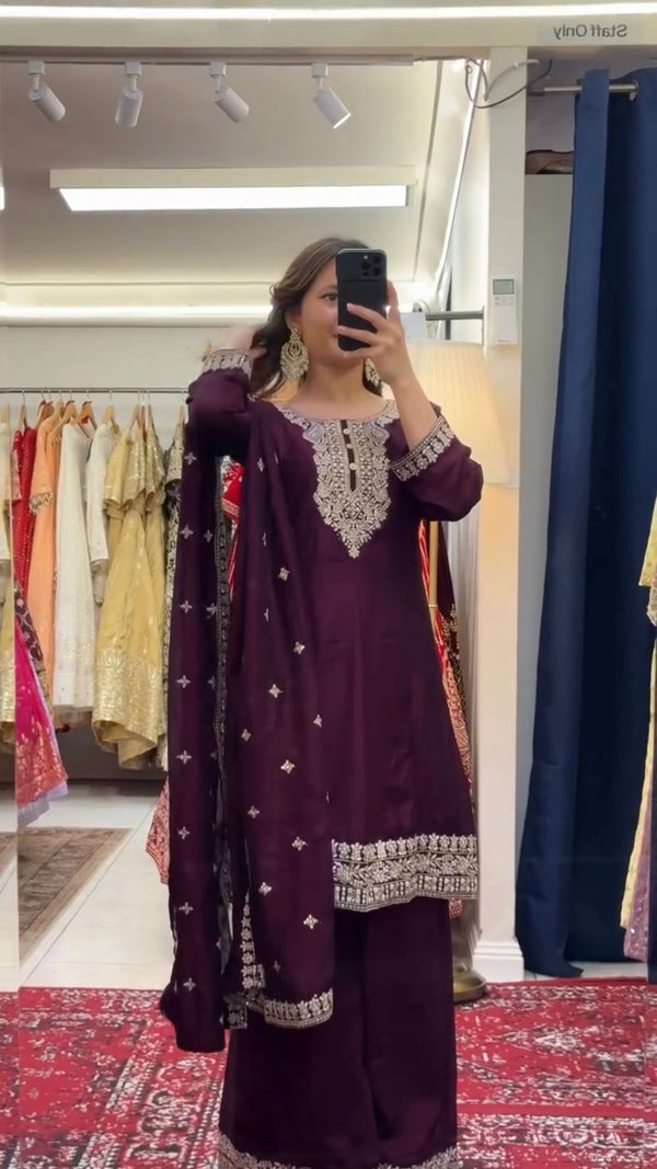 Wine Color Festive Wear Palazzo Suit
