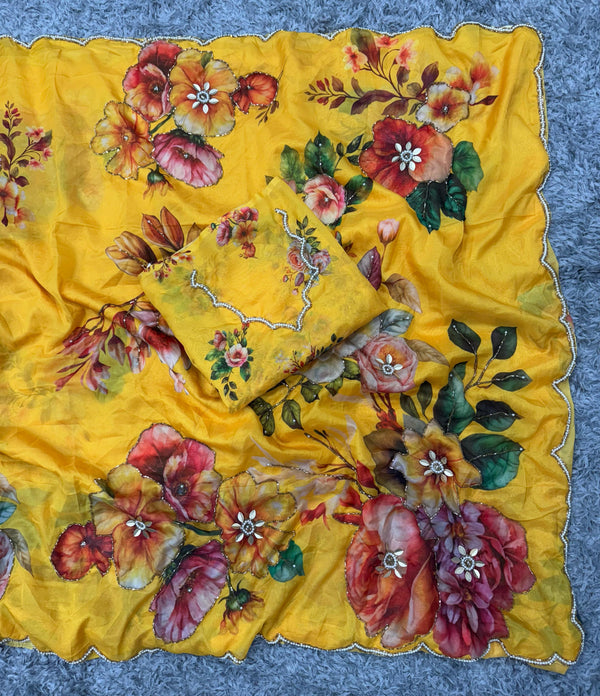 Exclusive Floral Print Yellow Color Saree