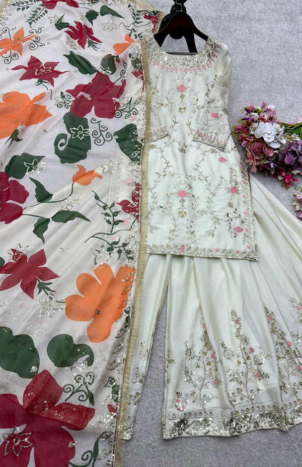 Pretty White Chinon Silk Sequence Work Sharara Suit
