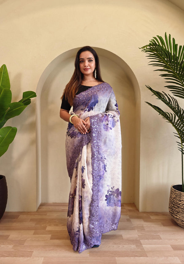 Casual Wear Purple Color Digital Print Organza Saree