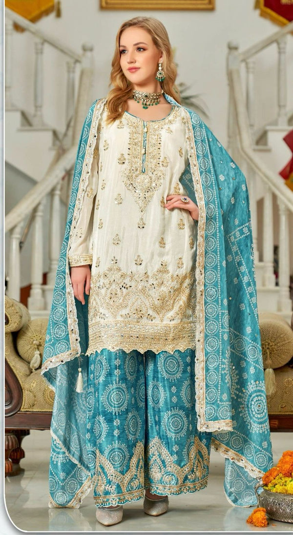 Demanding Heavy Work White Color Sharara Suit With Blue Dupatta