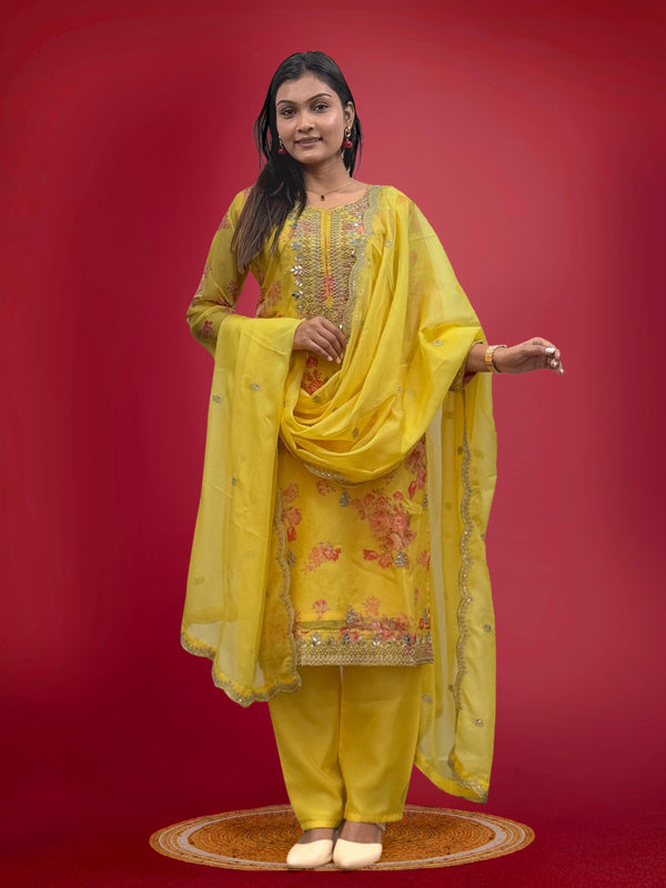 Flattering Sequence Heavy Stone Mirror Hand Work Yellow Color Palazzo Suit