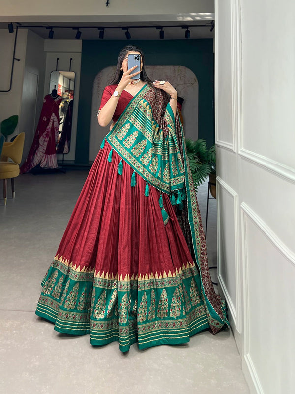 Innovative Tussar Silk Red Color Lehenga Choli