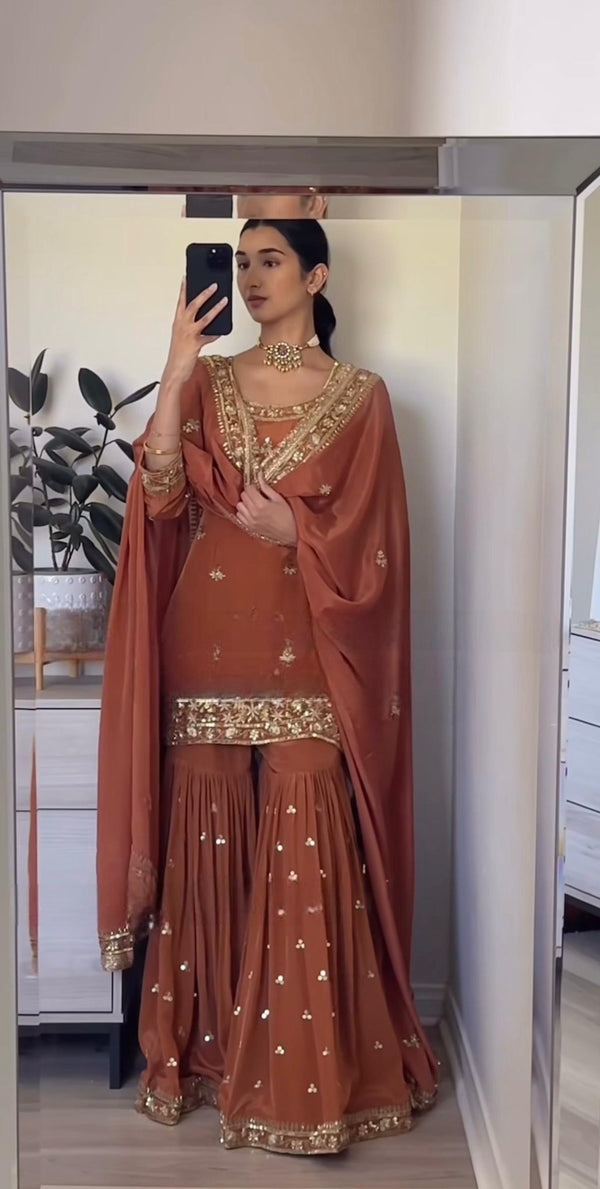Brown Color Heavy Work Stunning Sharara Suit