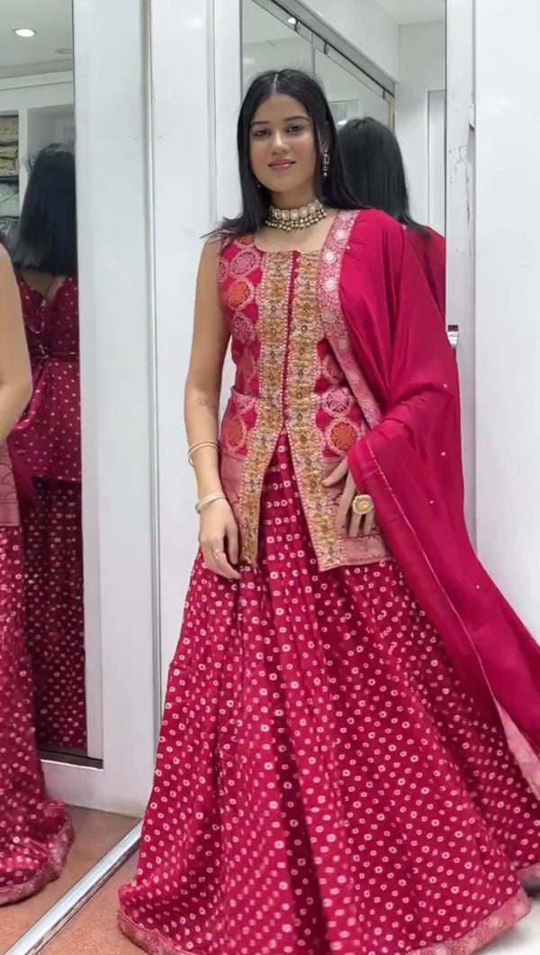 Pretty Red Chinon Embroidery Work Top With Lehenga Choli