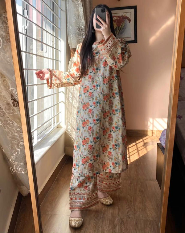 Beige Color Flower Printed Co-ord Set