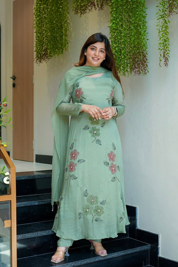 Lovely Green Color Chinon Silk Digital Printed Anarkali Suit