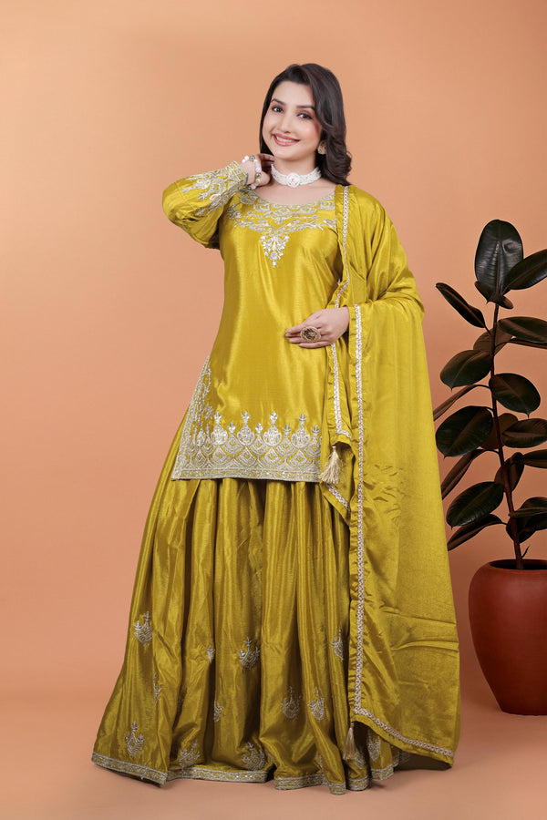 Designer Embroidery Work Mustard Color Palazzo Suit