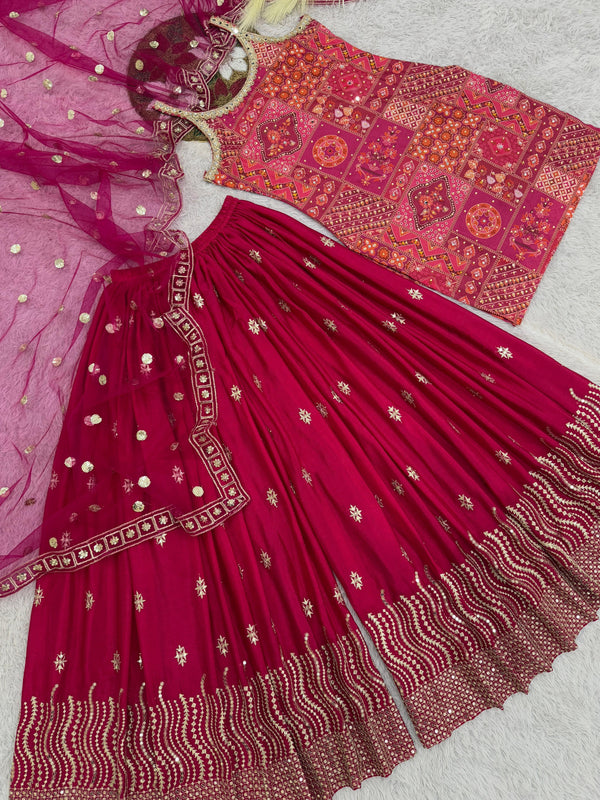 Captivating Pink Chinon Silk Sequence Work Sharara Suit