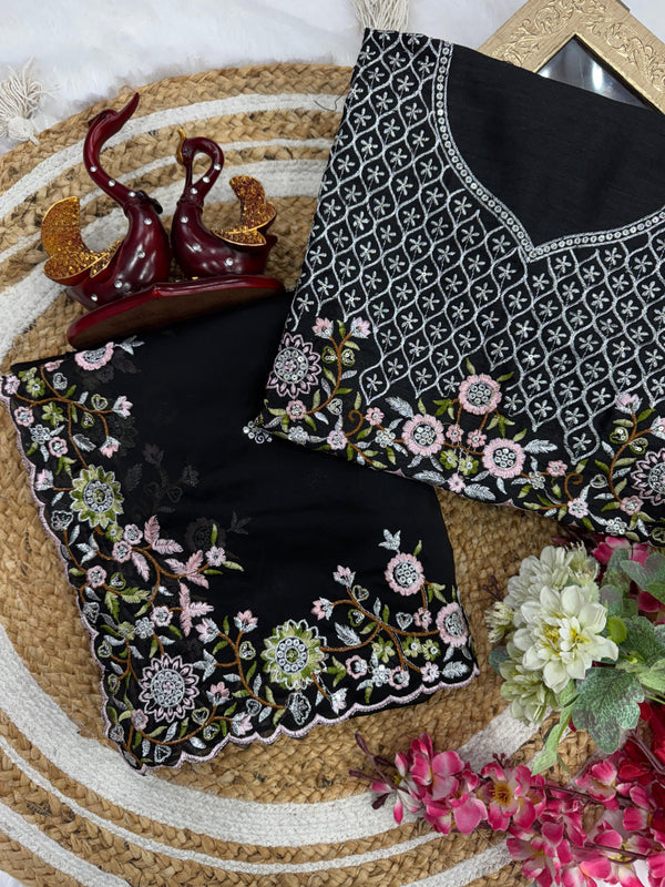 Party Wear Black Rangoli Silk Embroidery Saree
