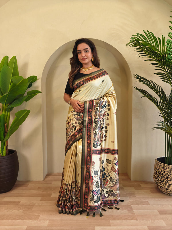 Cream Color Beautiful kalamkari Digital Print Saree