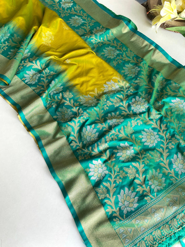 Fantastic Tone Silk Yellow & Teal Blue Color saree
