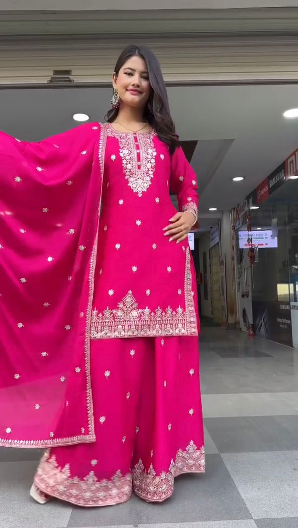 Faux Georgette Festive Wear Pink Color Palazzo Suit