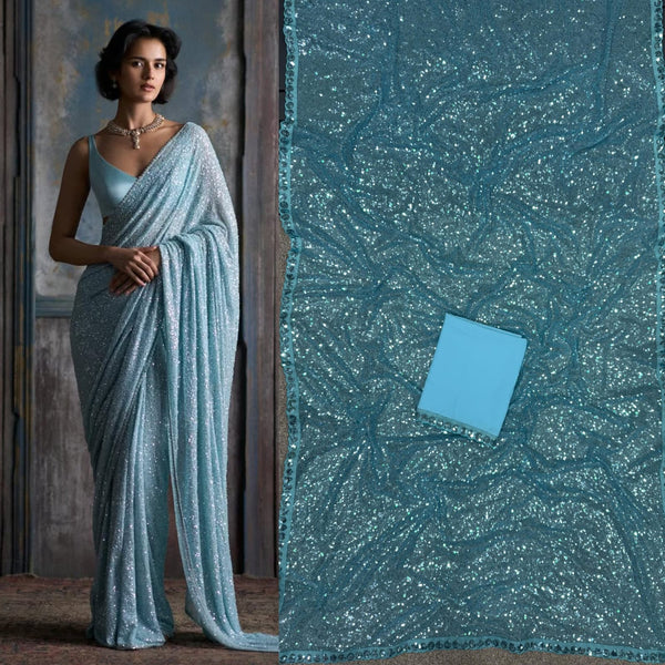 Bollywood Style Khichdi Embroidery Work Sky Blue Color Saree