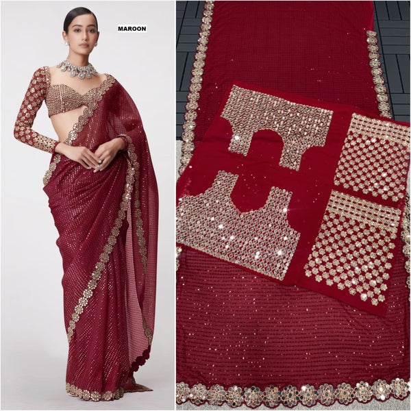 Stylish Georgette Original Mirror Maroon Color Saree
