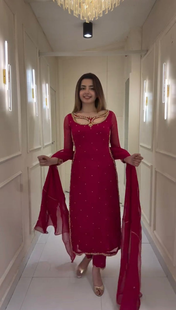 Pretty Maroon Georgette Embroidery Work Straight Salwar Suit