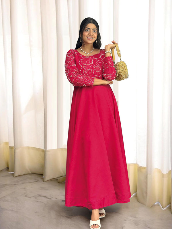 Alluring Red Roman Silk With Embroidery Work Gown