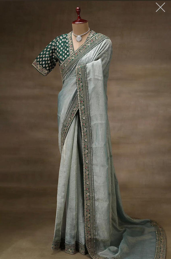 Pista Color Banarasi Crush Designer Saree