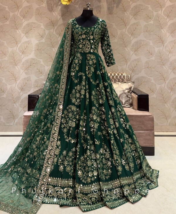 Heavy Sequence Work Green Color Long Gown