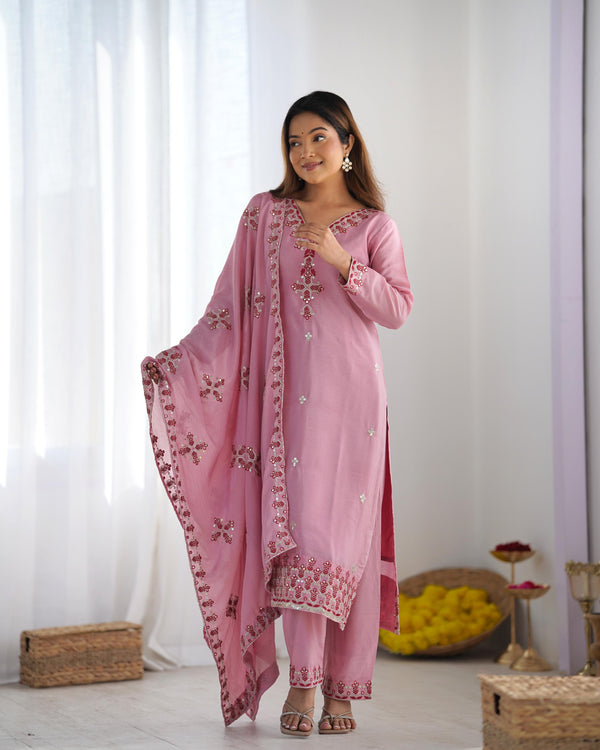 Gorgeous Pink Chinon Silk Sequence Work Palazzo Suit