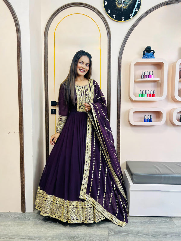 Shining Golden Sequence Work Long Wine Gown WIth Dupatta