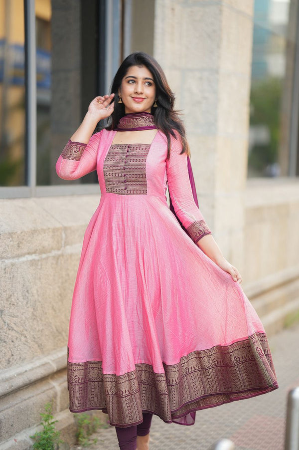 Awesome Zari Weaving Baby Pink Color Gown
