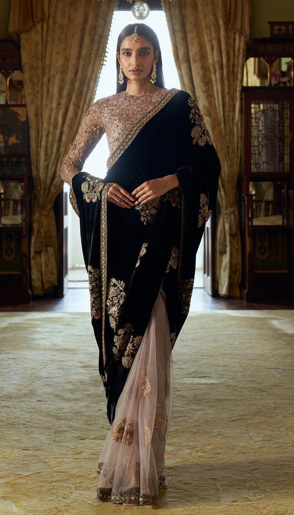Marvelous Black Velvet With Dori Work Net Saree