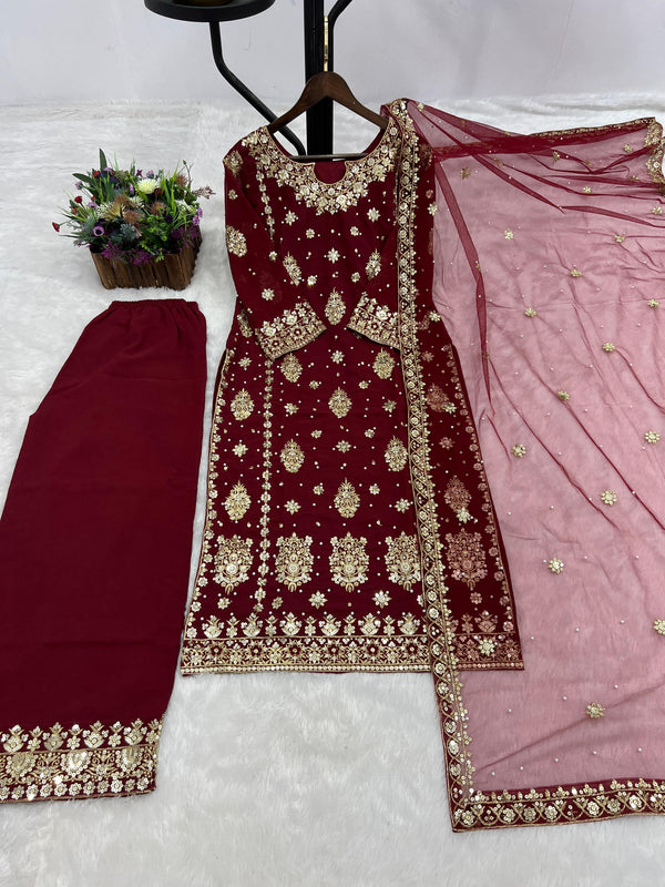 Good Looking Embroidery Work Maroon Color Palazzo Suit