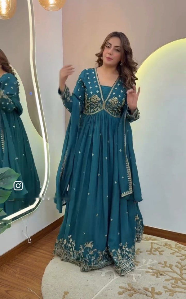 Classy Teal Green Dola Silk Embroidery Work Gown