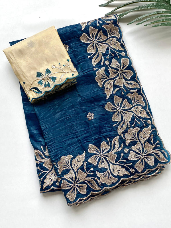 Traditional Wear Flower Border Blue Color Saree