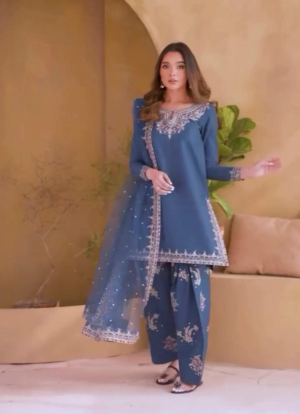 Daisy Blue Crepe Sequence Work Punjabi Style Palazzo Suit