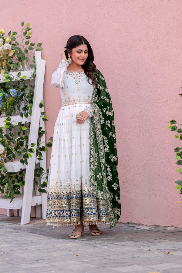 Glorious Georgette White Color Gown With Green Dupatta