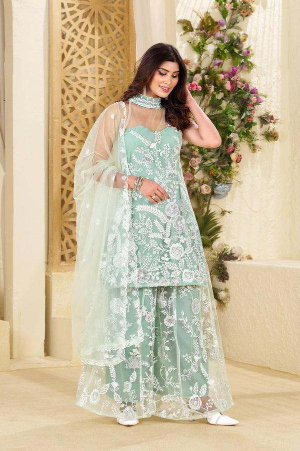 Adorable Embroidery Work Sky Blue Color Palazzo Suit