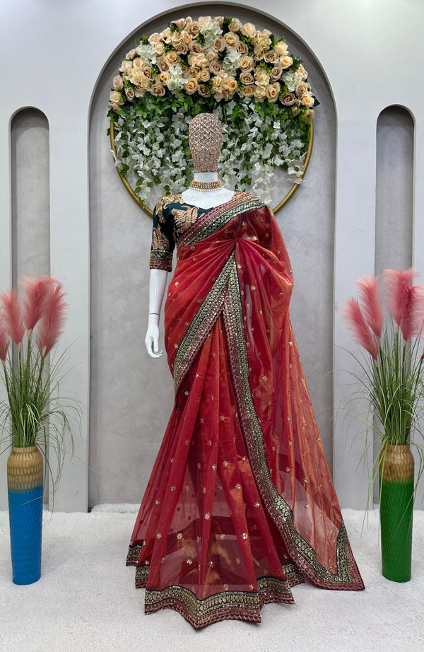 Occasion Wear Twill Net Orange Color Saree