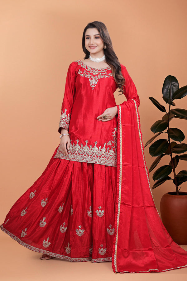 Designer Embroidery Work Red Color Palazzo Suit
