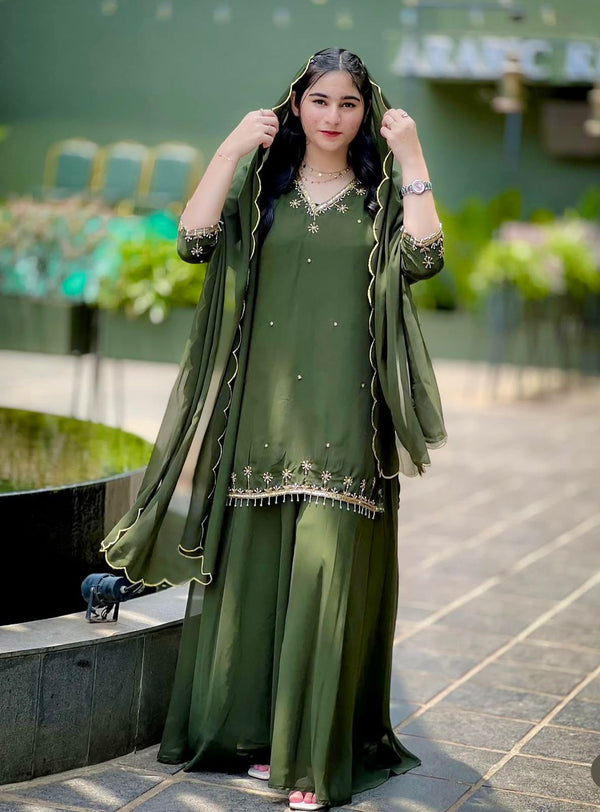 Function Wear Green Heavy Faux Georgette Palazzo Set