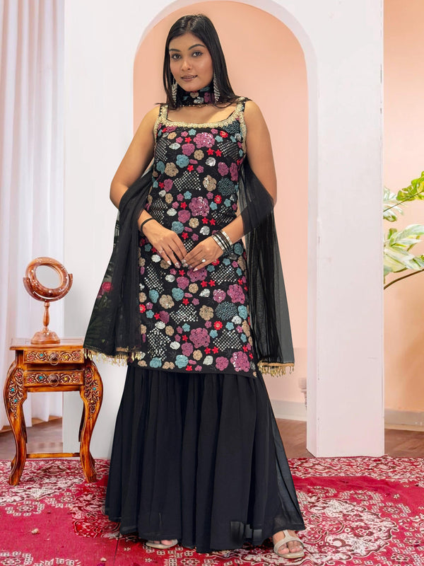 Captivating Black Georgette Sequence Work Sharara Suit
