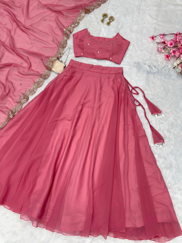 Designer Pearl Work Pink Color Lehenga Set