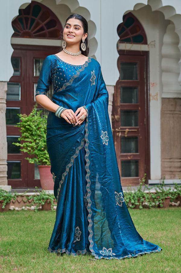 Classy Blue Fendi Silk Diamond Work Silk Saree